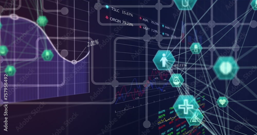 Image of globe of connections with icons and financial data processing