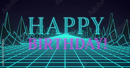 Image of happy birthday text over mountains