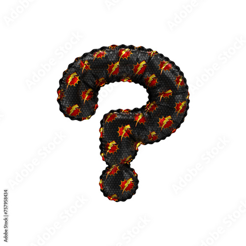 3D inflated balloon Question Symbol/sign with red & yellow power lightning comic hero pattern black surface