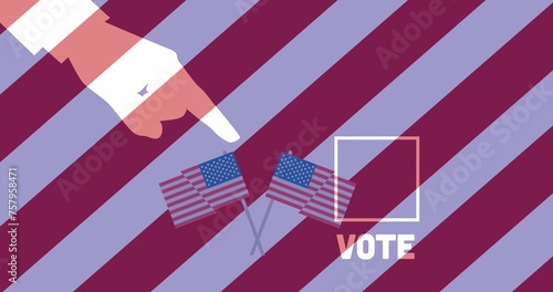 Image of hand, vote and american flags over red, white and blue striped background