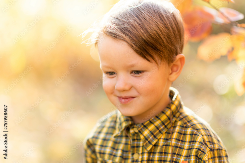 Autumn portrait of a little fair-haired smiling boy in a yellow shirt in the park Autumn portrait of a little fair-haired smiling boy in a yellow shirt in the park