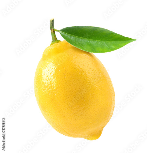 Lemon fruit with leaf isolated on white background.