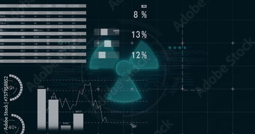 Image of infographic interface over radiation danger symbol against black background