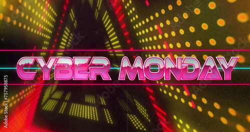 Image of cyber monday text between lines over illuminated tunnel against black background