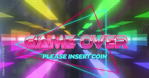 Image of game over text and please insert coin text on triangles over futuristic tunnel