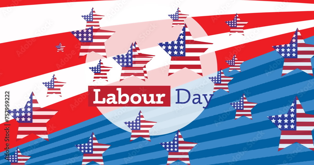 Fototapeta premium Image of labor day text over stars, red, white and blue of flag of united states of america