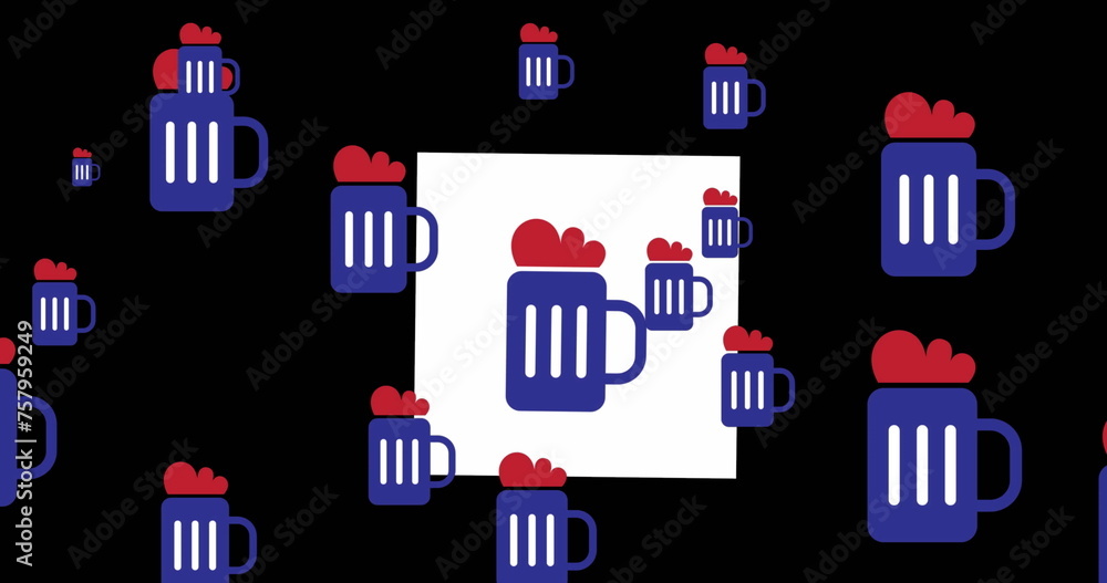 Image of beer glasses in red and blue colours of flag of united states of america
