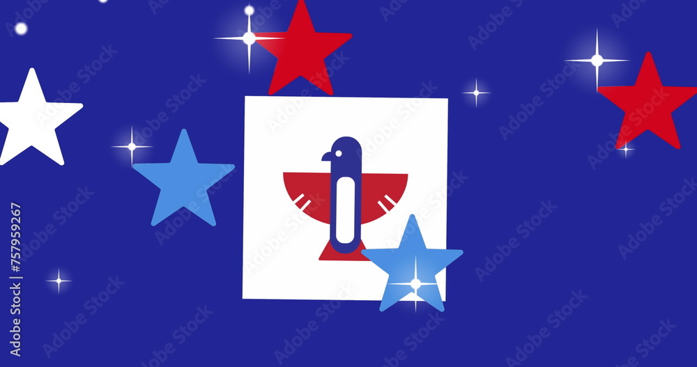 Fototapeta premium Image of stars in red, white and blue of united states of america over eagle
