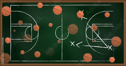 Image of basketballs over drawing of game plan