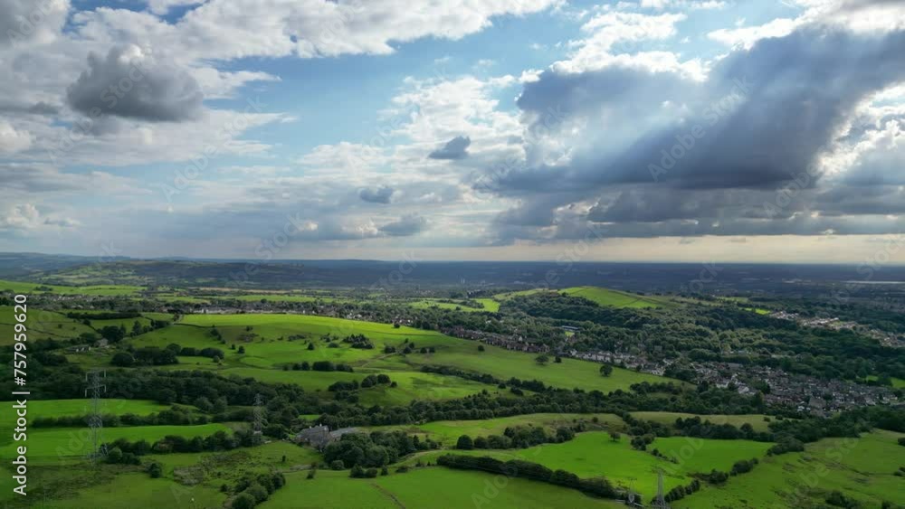 Hobson Moor Hills in Stalybridge, Tameside, Greater Manchester, England in summer shot by 4K drone Hobson Moor Hills in Stalybridge, Tameside, Greater Manchester, England in summer shot by 4K drone