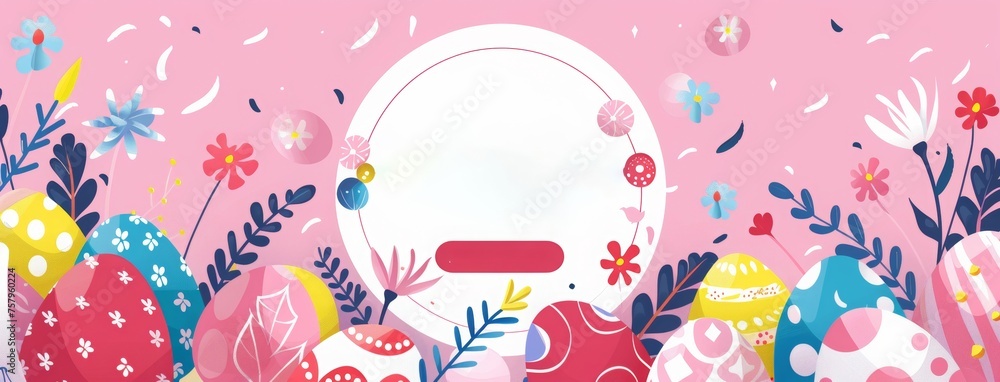 Easter sale banner template with round frame and text Happy Easter, colorful eggs and flowers background. Happy Easter special offer sale up to 75% with easter eggs, banner template for sale and promo Easter sale banner template with round frame and text Happy Easter, colorful eggs and flowers background. Happy Easter special offer sale up to 75% with easter eggs, banner template for sale and promo