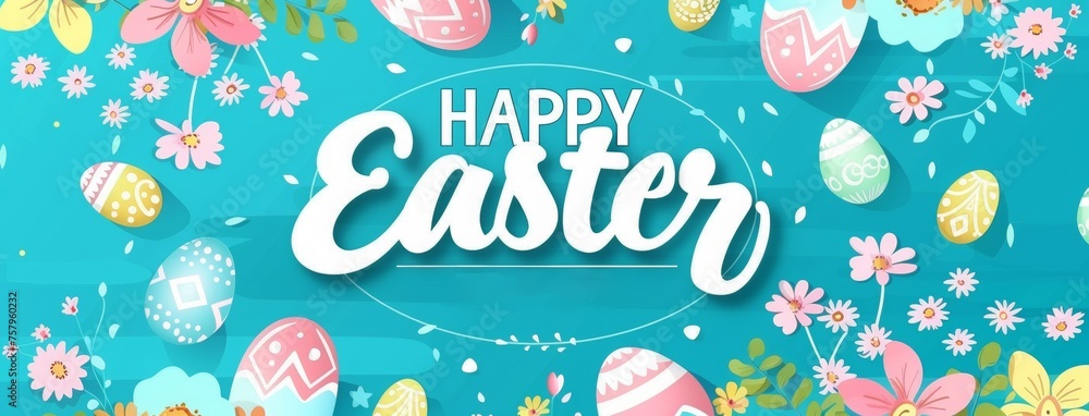 Easter sale banner template with round frame and text Happy Easter, colorful eggs and flowers background. Happy Easter special offer sale up to 75% with easter eggs, banner template for sale and promo