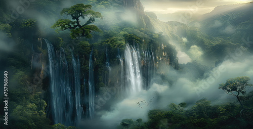 A high waterfall with lush greenery. Misty clouds cross the landscape. Generative AI.