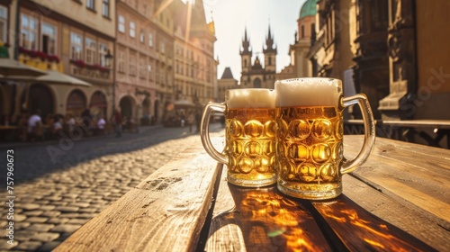 Beer mug with beer on table in a sunny day and beautiful historical buildings of Prague city in Czech Republic in Europe.