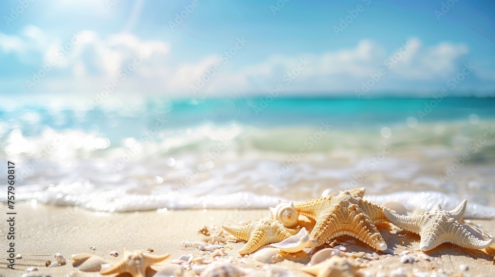 Starfish and seashells gathered on the beach with the tide rolling in, portraying a serene shoreline scene perfect for summer and marine life themes. - obrazy, fototapety, plakaty 