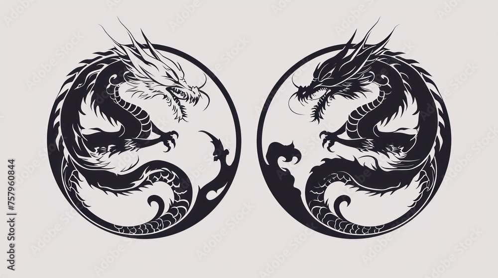 Black logo stamp design over white background of Chinese zodiac dragon as the mythical animal in Eastern Asia culture.