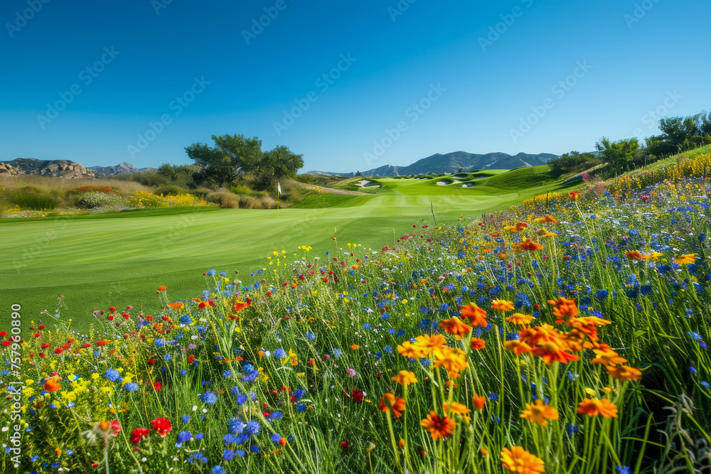 A picturesque golf green nestled among a vibrant mix of wildflowers, offering a striking contrast between manicured perfection and natural splendor