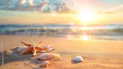 A solitary starfish on the sandy shore with the sunset casting a warm glow, offering a peaceful and reflective beach setting.