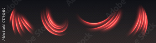 Hot air flow effect, warm heating wind. Red light trails with sparkles. Glowing motion effect. Abstract luminescent curves. Vector decoration.