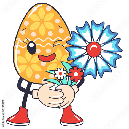 Cartoon happy Easter Groovy egg character with flower Holiday personage isolated on white background photo