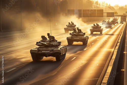 A convoy of tanks rolls down the highway in a display of military might. photo