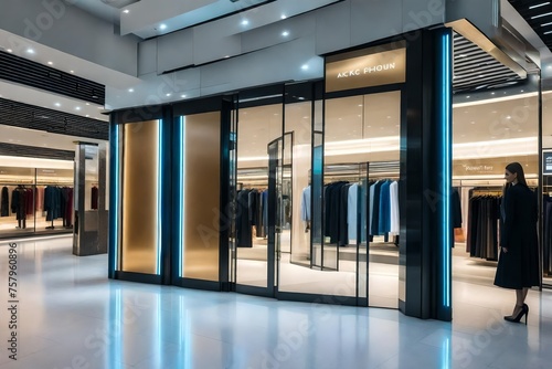 A futuristic sliding door of a retail mall  presenting the latest fashion trends via digital displays