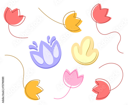 Colored vector set with icons of various tulips in different colors. Pink, red, purple, yellow