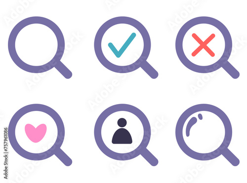 Colored vector set with search magnifying glass icons and various elements. Cross, check mark, man, heart
