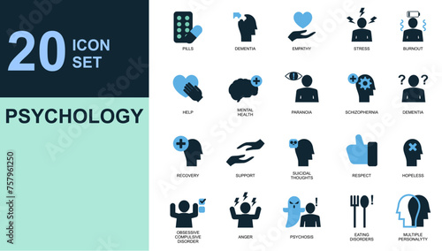 Mental health psycology icon set For Mobile and Web. Anxiety, Care, Depression, Emotional Stress, Healthcare, Medicine, Human Brain, Loneliness, Psychotherapy, Sadness, Support, Therapy.