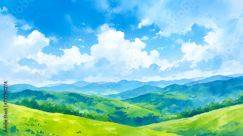 爽やかな青空と新緑の山の水彩イラスト風景
