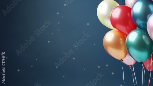 Balloons over plain blue background with copy space decorated for holiday celebration party.