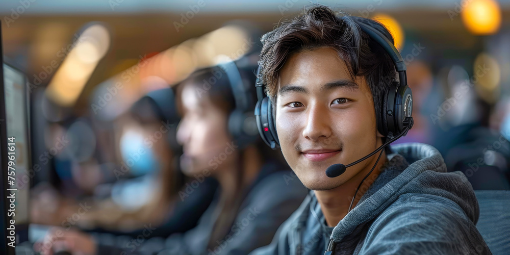 An asian engaging customer service representative, a man wearing a headset, sitting in front of a computer monitor, focused on his work An asian engaging customer service representative, a man wearing a headset, sitting in front of a computer monitor, focused on his work