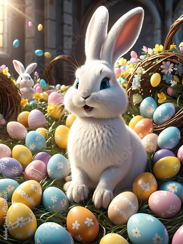 Cute fluffy white bunny with Easter eggs