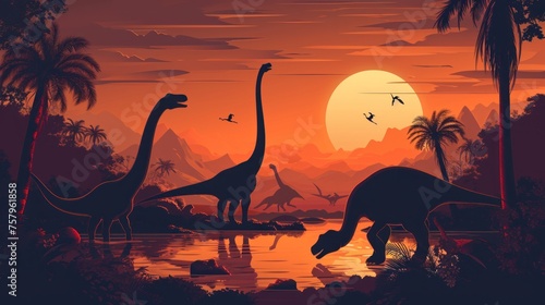 Vector illustration of prehistoric theme with dinosaurs jungle and sunset on white background. © Joyce