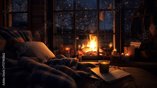 Warming and relaxing near a cozy fireplace. Feet in wooly socks, cup of coffee and a book by the fire
