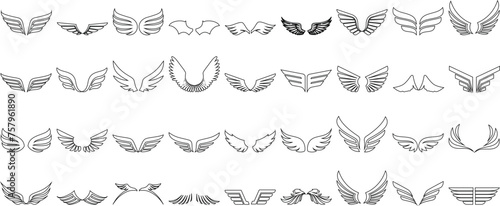 hand drawn wing line art Vector set, wings include angel, fairy, bat styles. Perfect wing for logo design, badges, emblems on white background. Detailed wing illustration collection