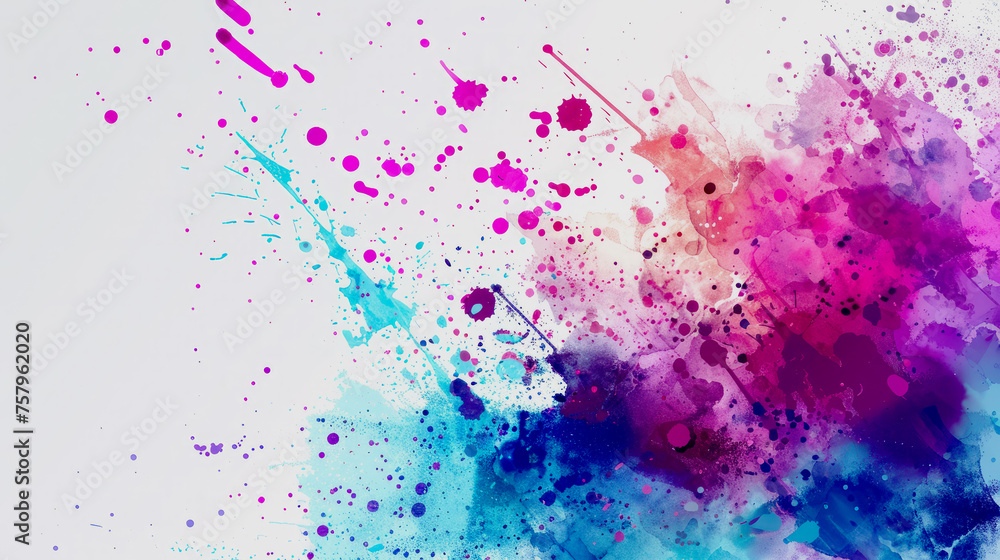 Abstract blue and pink stains on white canvas background.