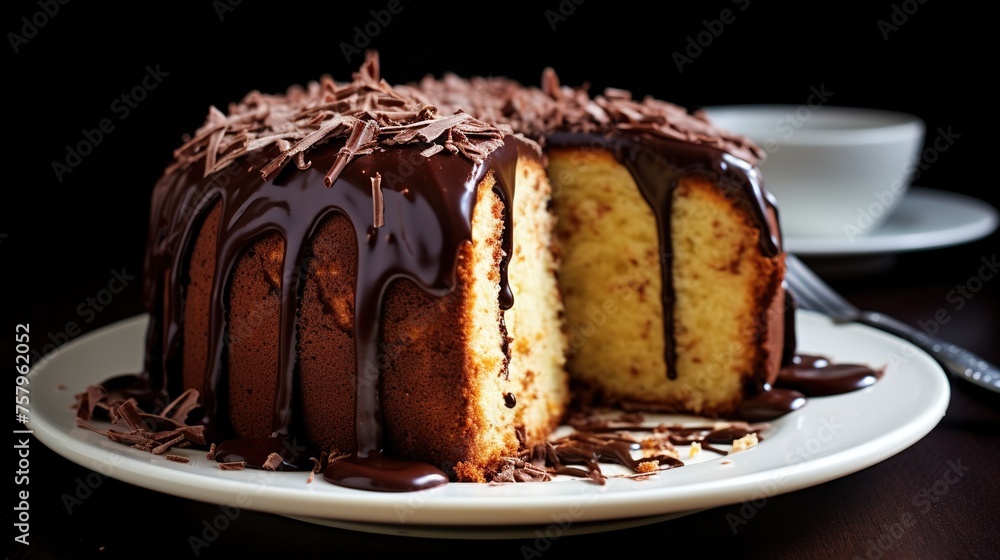 Chocolate pound cake. Loaf of cake sliced into pieces and served with chocolate ganache cream. Brown wooden background Chocolate pound cake. Loaf of cake sliced into pieces and served with chocolate ganache cream. Brown wooden background