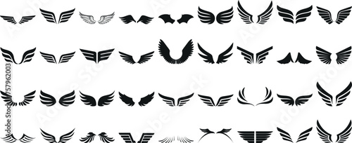 Black wings silhouette vector set, the wings set is ideal for logo, emblem, badge design. Versatile for art, heraldry, animal symbolism. Ranging from simple to intricate feather or scale details