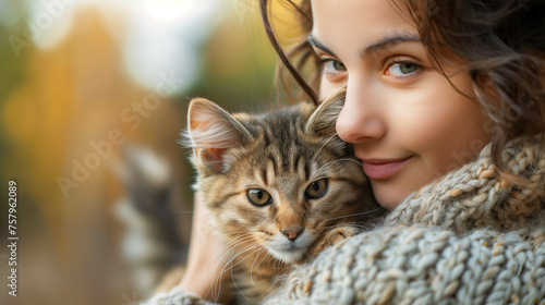 Woman Holding Kitten in Her Arms. Generative AI photo