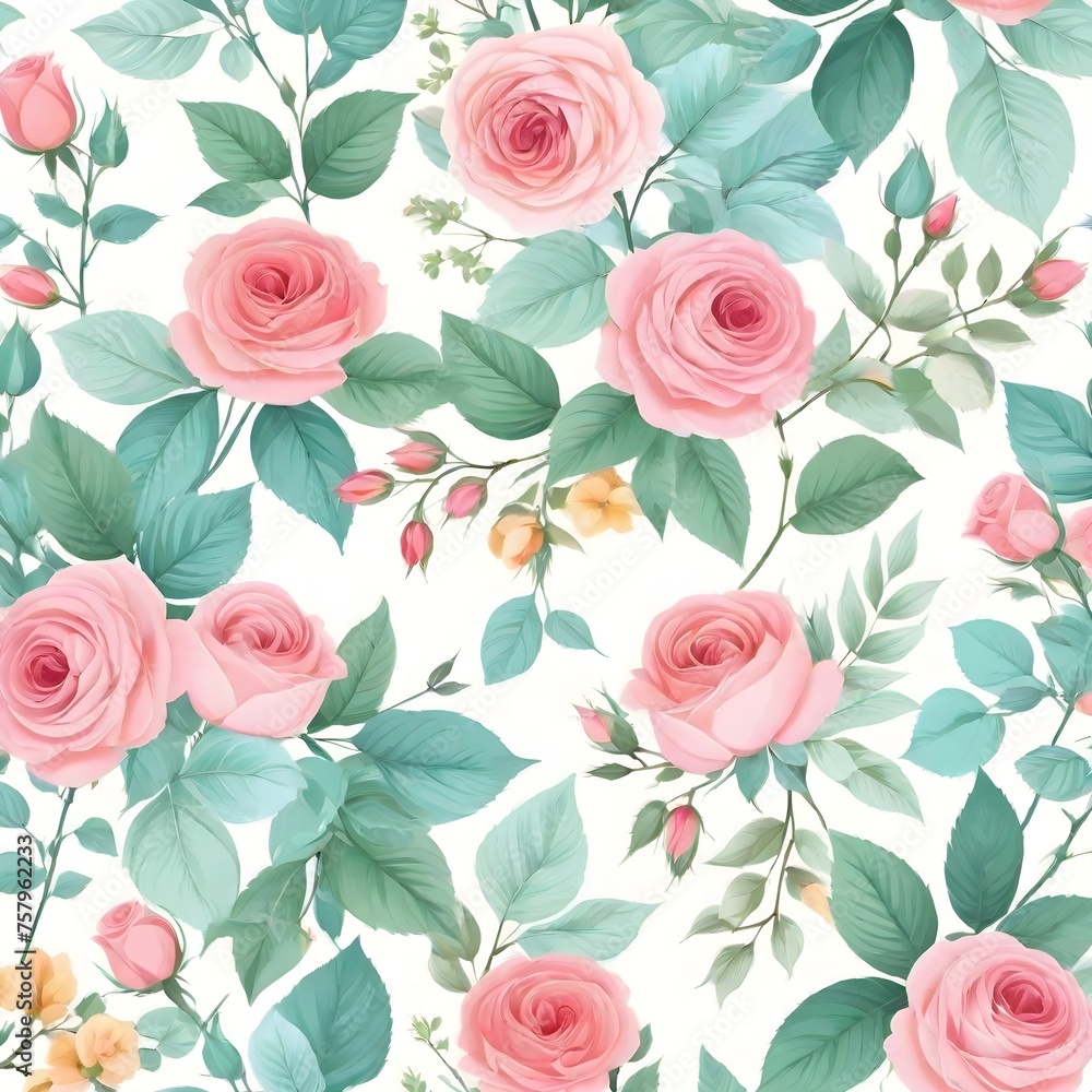 Seamless pattern with pink roses and green leaves on white background