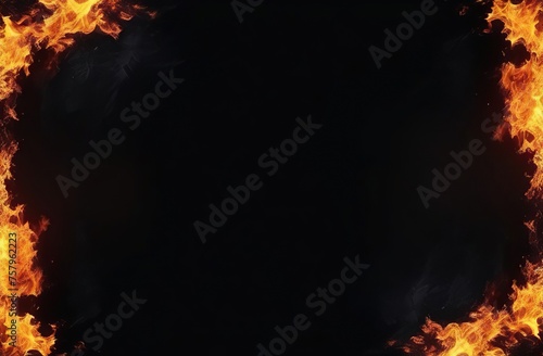 Fire flames on black background, frame, border.