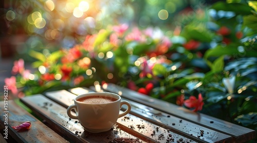 A cup of freshly brewed coffee is placed on a wooden table in a beautifully manicured garden. Generative AI.