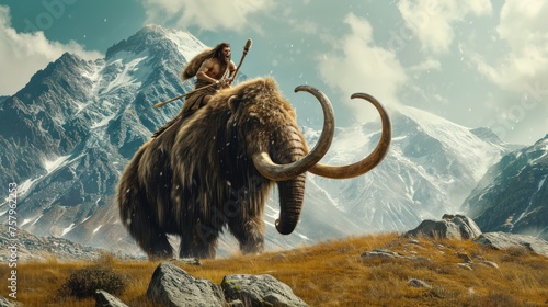 A warrior riding a mammoth in wild prehistoric times. Fantasy and surreal.