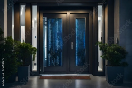 A contemporary apartment building entrance door with a keyless access system for inhabitants. 