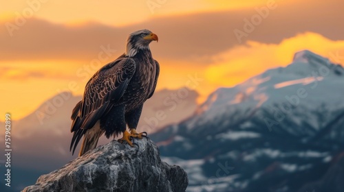 Bald eagle rest in wilderness lands with snow mountain at sunrise in winter.