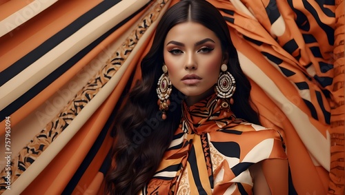 Latino model woman, adorned in an elegant outfit with striped and tiger print patterns, complemented by intricate jewelry, exuding sophistication and style photo