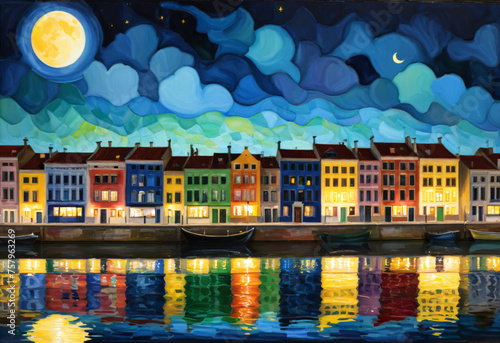 Enchanted Full Moon Night Over Canal Houses Watercolor Scene