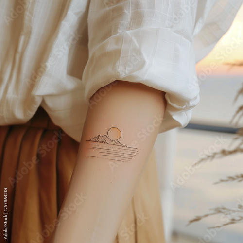 woman with an arm tattoo of minimalist lines photo