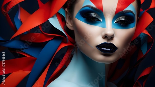 A white woman model, obscured by swirling red and blue patterns, a striking blend of fashion and abstract art